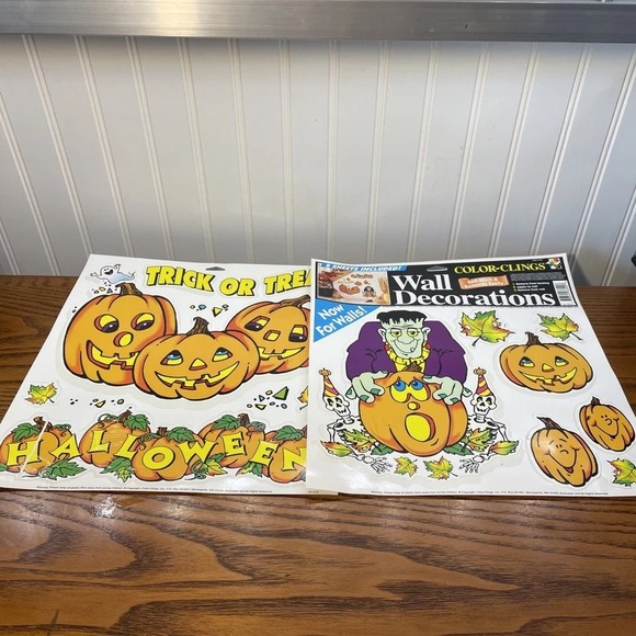 Lot Of 2 Vintage Halloween Clings Wall Decorations Pumpkin Frankenstein Read - Picture 1 of 7